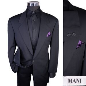 MANI Vintage Sport Coat Men Size 44R/S Solid Black 2 Button Wool Blazer